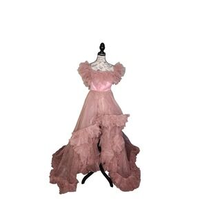 Blush Pink Tulle High-Low Gown | Off-Shoulder Ruffle | Made-to-Order Dress